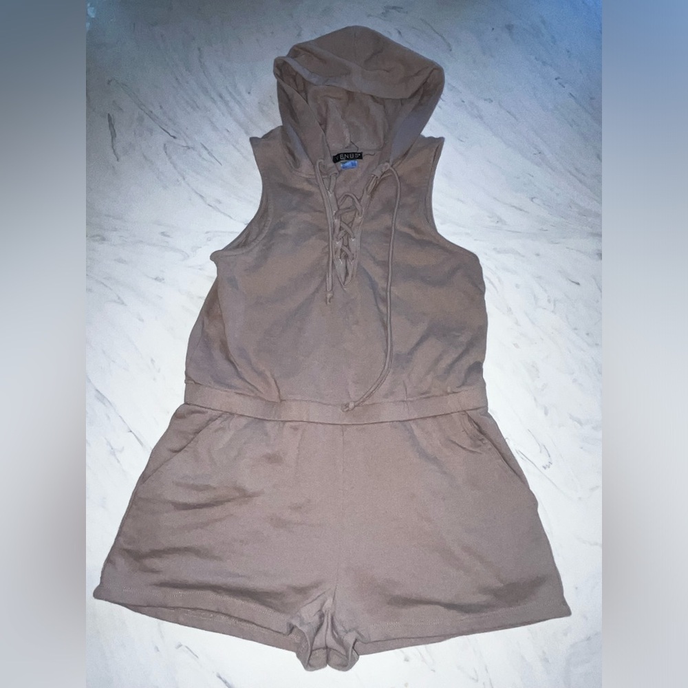 Venus knit stretch lace up hooded swim cover up Romper shortall s outfit tan